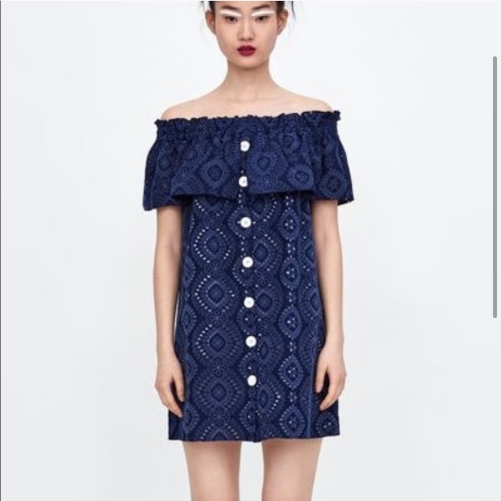 ZARA blue rubberized Dress cutout work ruffle